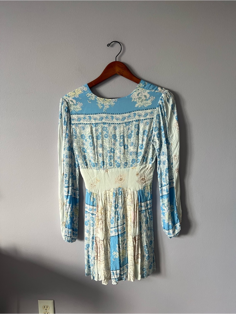 Free People Blue and Cream Floral Long Sleeve Mini Dress - Picture 6 of 9